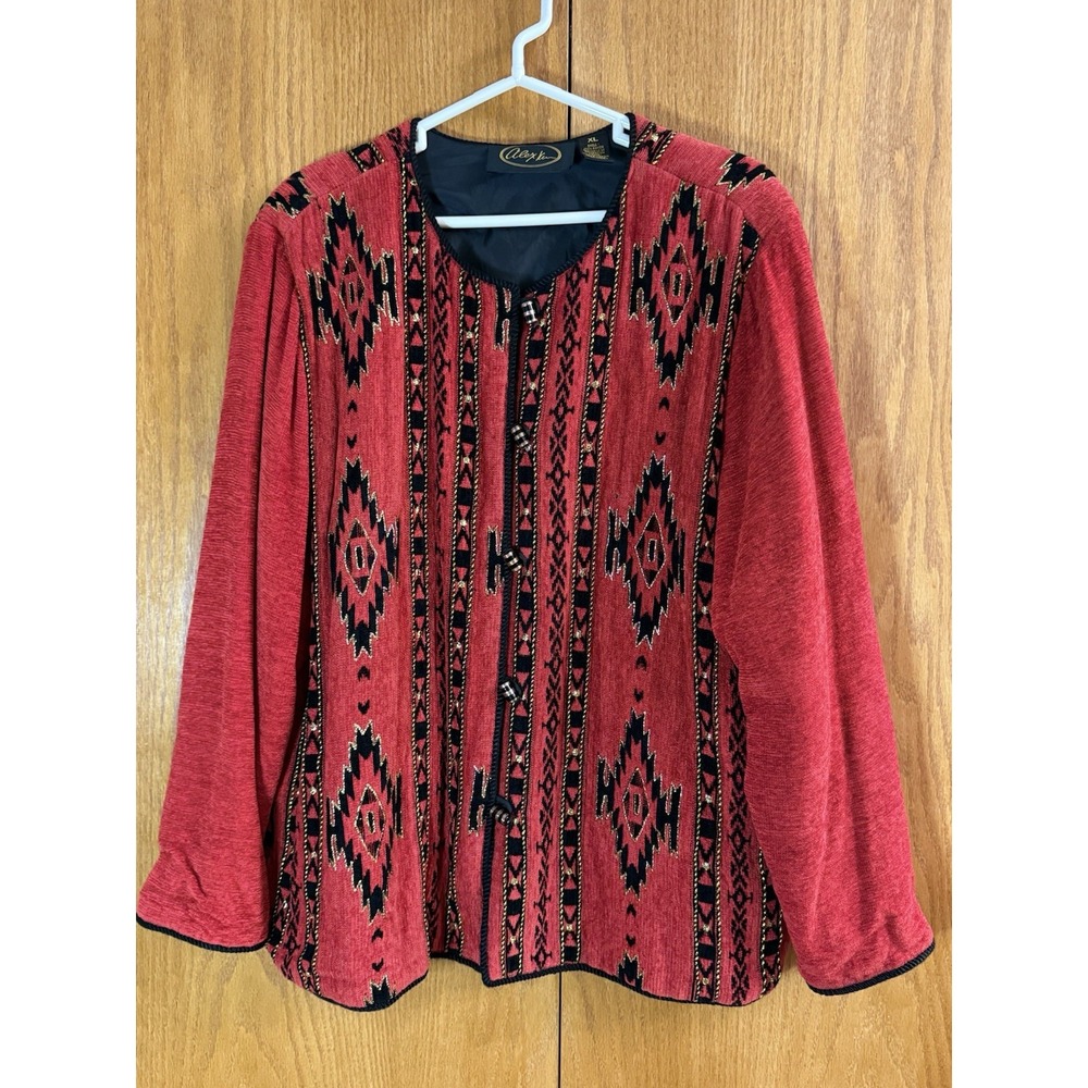 Vintage 80s Alex Kim Jacket Wms Sz XL Red Embroidery Aztec Brushed Rayon w Pads‎